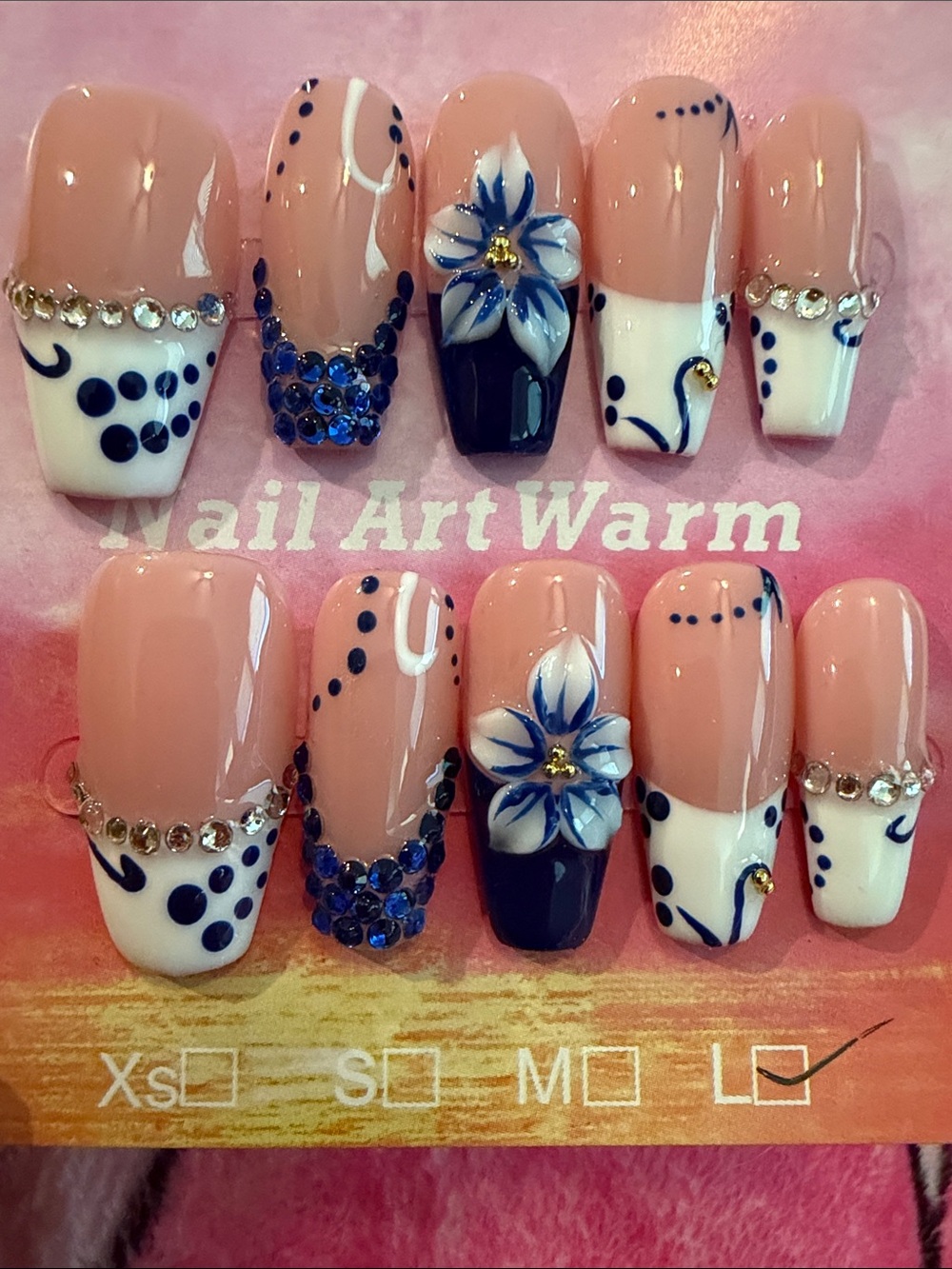 Nude & Navy Floral Rhinestone handmade acrylic Press-On Nail Set